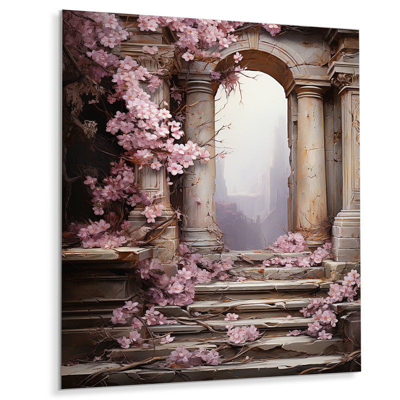 Anciennes ruines, porte vers des fleurs égales - art mural fantastique en métal, H 32 po x l 24 po x P 1 po