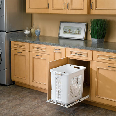 Pullout 20" Deep Cabinet Floor Steel Mounted Polymer Plastic Clothes Laundry Hamper With Full Extension Slides