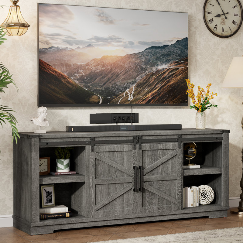 Farmhouse TV Stand for TVs up to 75", 66" Wood Entertainment Center with Barn Doors and Storage