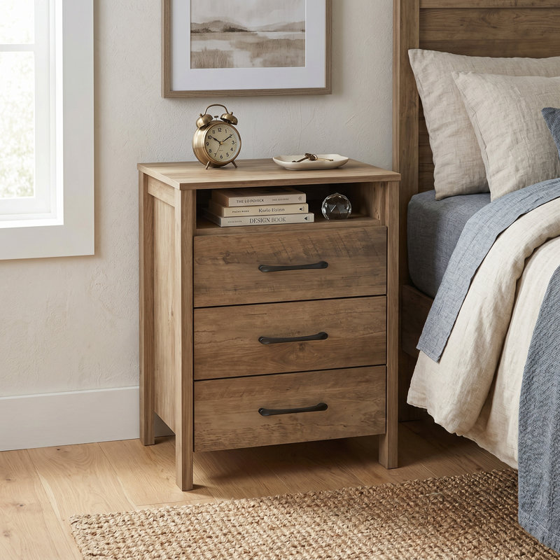Allysyn Modern 26.1" H 3-Drawer Nightstand, Knotty Oak