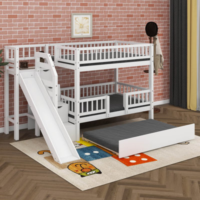 Lit superposé en bois avec toboggan, lit gigogne et escalier de rangement pour enfants, adolescents, adultes
