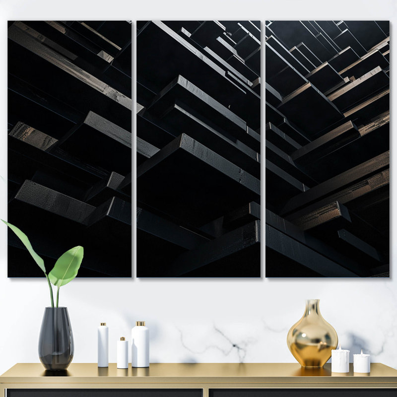 3D cube de briques noires 3D, impression sur toile, 3 pièces, H 32 po x l 48 po x P 1 po
