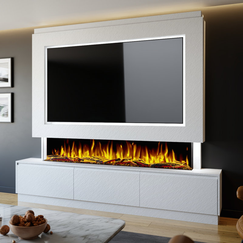 Evolution Fires Pre-Built Media Wall Package 23, finished in textured Venetian Plaster, includes Spectrum Series 72 Series 3-Sided Electric Fireplace