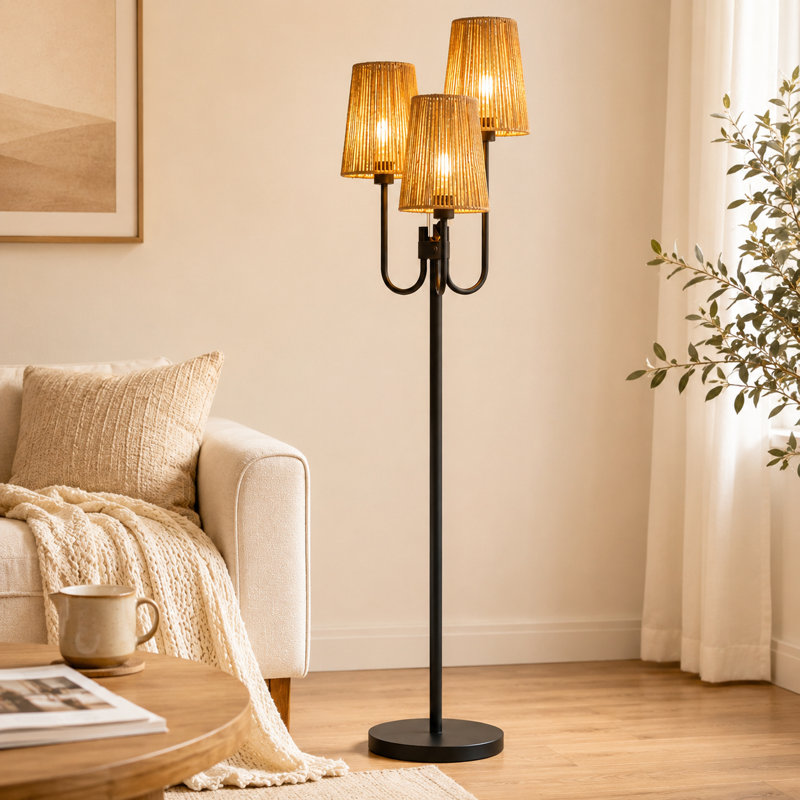 Karryn 65" 3-Light Tree Floor Lamp - Hemp String Shade - Black Metal