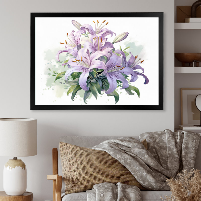 Symphonie de lys mauve et vert I - art mural floral, H 30 po x l 40 po x P 1,5 po, Cadre simple noir
