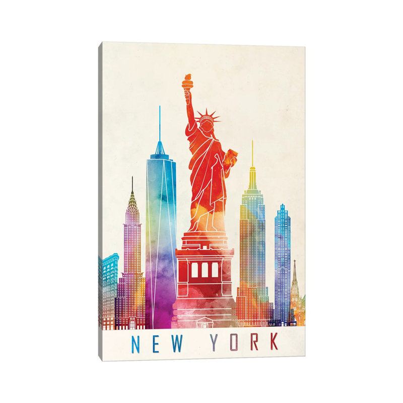 New York Landmarks Watercolour by Paul Rommer - Wrapped Canvas Painting, 66.04 cm H x 45.72 cm W