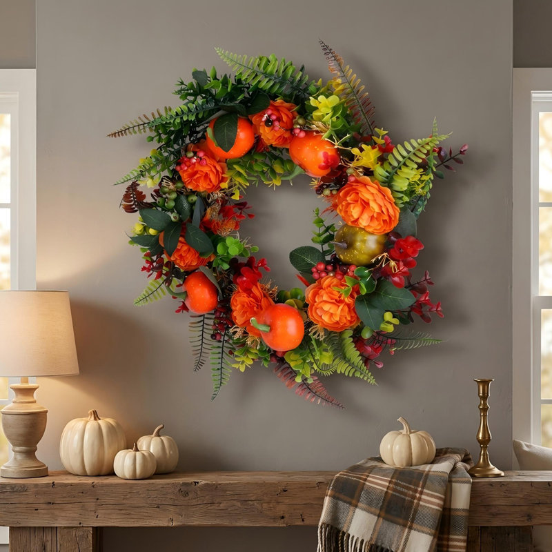 Couronne d'automne artificielle citrouille et baies de 45 cm