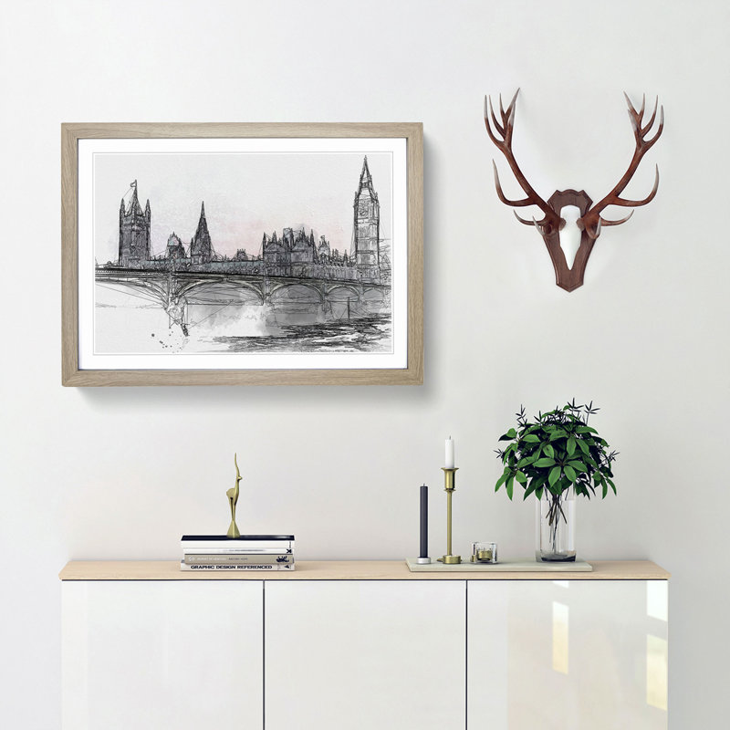 Houses of Parliament & Big Ben in Abstract - Picture Frame Graphic Art Print, 36cm H x 48cm W x 2cm D, Oak Framed