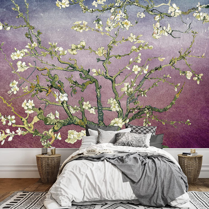 Almond Blossom Vincent Van Gogh, Floral Mural, Vintage Boho Removable Contact Paper, 144" W x 100" L, Lavande / Bourgogne