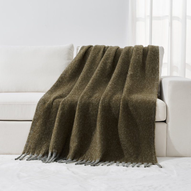 Faux Mohair Throw - Soft Fringed Blanket, Moss Green