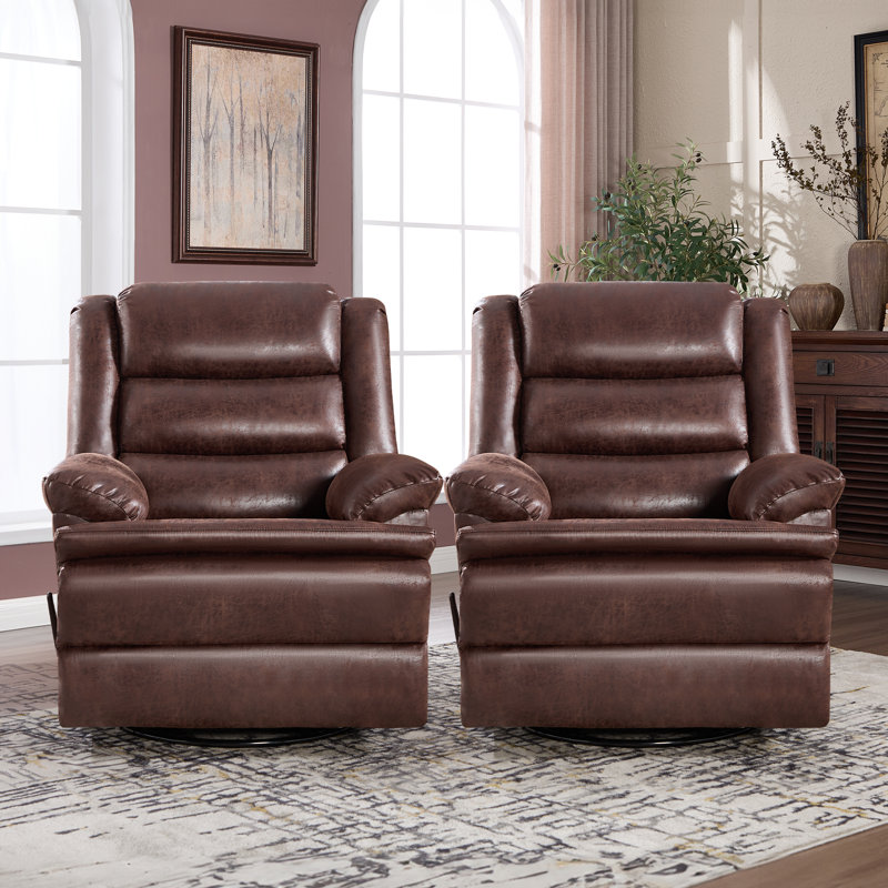 35.8'' Wide Classic Faux Leather Swivel and Glider Manual Recliner (Set of 2), Reddish Brown