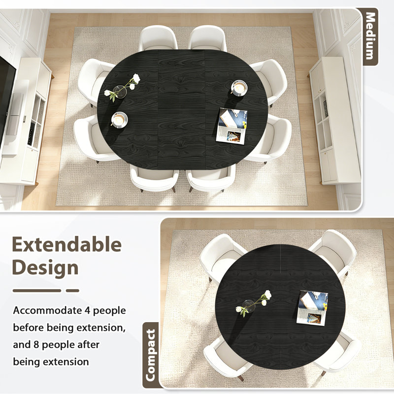 43"–59" Extendable Round Dining Table For 4-8,Oval Kitchen Dining Table With Storage,Black, Black