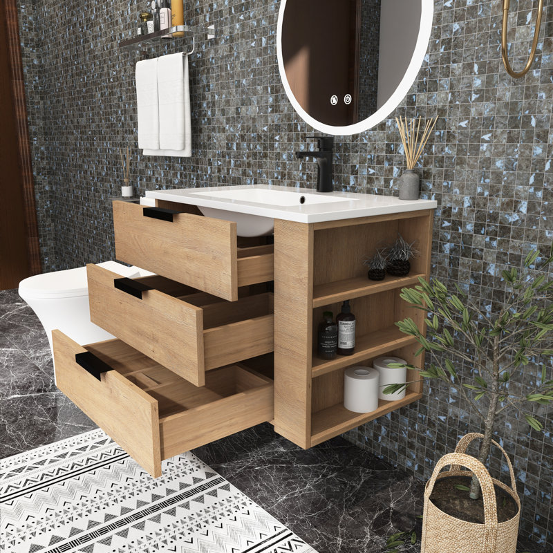 Meuble-lavabo mural simple 30 po avec plateau en marbre de culture Mahulena