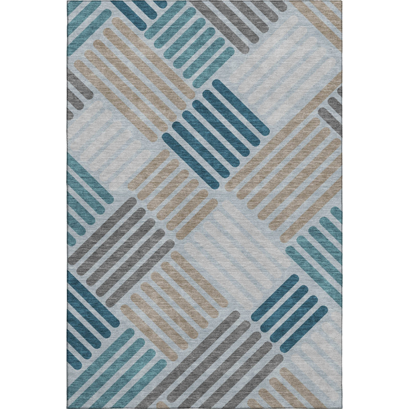 Premium Machine Washable Mayfield AMF2339 Geometric Rug, Teal, 9' x 12'