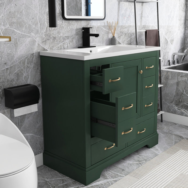 Meuble-lavabo autoportant 36 po avec lavabo en céramique 36 po, Vert, Or