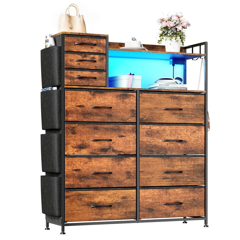 Industrial Storage Dresser with Charging Station & Lights, Fabric Drawers Organizer, Brown