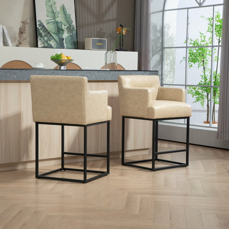 Ensemble de 2 tabourets de bar à hauteur de comptoir House, tabouret de bar carré moderne avec dossier, cadres en métal noir, tabourets de bar rembourrés pour îlot de cuisine, pub, club (PU)