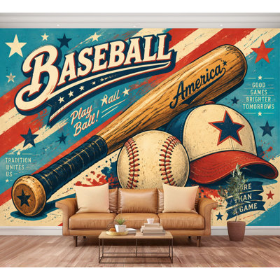 Papier peint adhésif repositionnable, motif de bâton de baseball rétro, casquette grunge, drapeau américain rayé, ballon de sport vintage. Grand format, autocollant et amovible, idéal pour salon, chambre ou chambre d'enfant (254 cm x 366 cm).