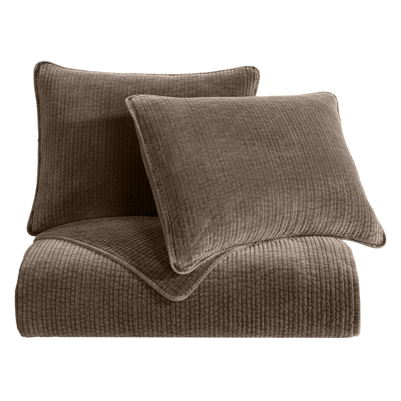 Ensemble de courtepointe rustique en velours de coton Stonewashed, Courtepointe pour lit double/grand et 2 taies déc, Cacao