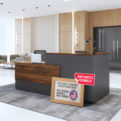  Bureau de réception en forme de L avec comptoir - 78,5 x 40,5 x 42 pouces - Fabriqué aux États-Unis, livré en grande partie assemblé, comptoir de réception en forme de L avec rangement pour tablette, tiroirs verrouillables pour le bureau et le hall d'entrée