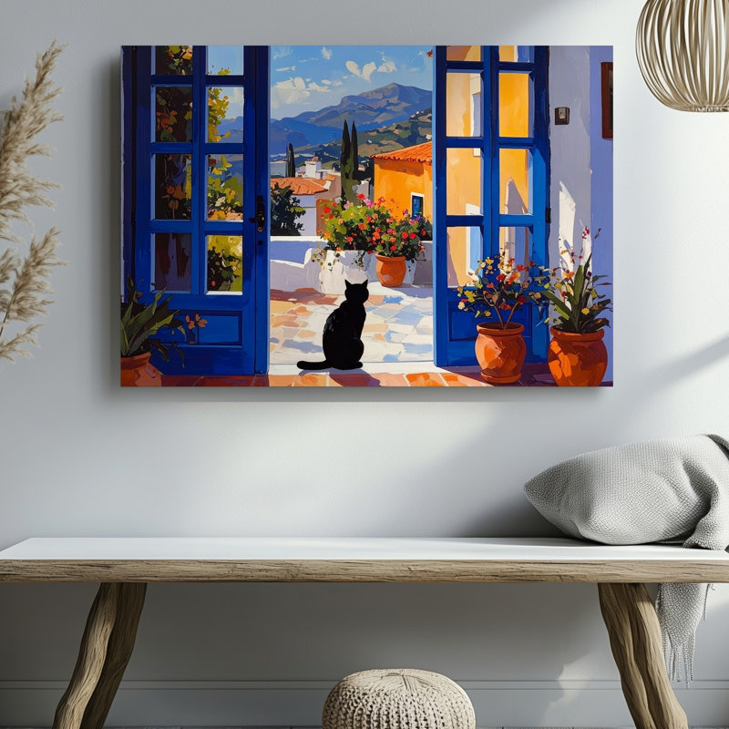 Toile méditerranéenne échapper à un chat noir serein ensoleillé, art mural sur toile, prêt à être accroché à la galerie, décoration de qualité supérieure