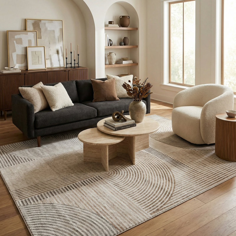 Rug Branch Elys 8' x 11' (7'7" x 10'10") Beige/Brown Geometric Area Rug, Contemporary, Medium Pile, Stain-Resistant Carpet - Living Room, Bedroom, Dining Room, and Kitchen