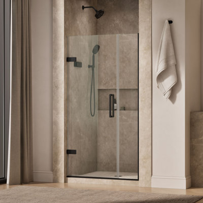 Composed 39-5/8-In40-3/8-Inw X 71-1/2-Inh Frameless Pivot Shower Door With 3/8-In Crystal Clear Glass And Back-To-Back Vertical Door Pulls
