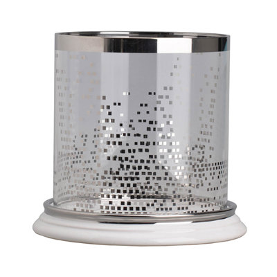 Gsy Decorative Candle Holder, Silver And White Patchwork, 10 Inch Glass