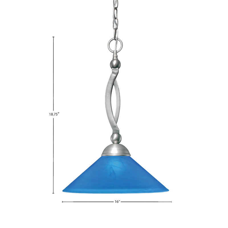 Bow Chain Hung Pendant Glass, Brushed Nickel, 19.25", Blue Italian Glass