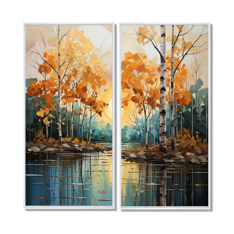 Birch Woods Golden Reflections II - art mural gris, H 40 po x l 40 po, Reproduction encadrée sans passe-partout, Blanc