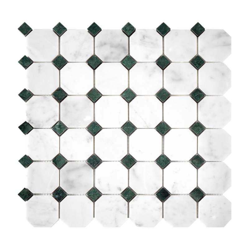 Carrelage mural et de sol en mosaïque de marbre blanc de Carrare octogonal et à pois verts, poli, Verde