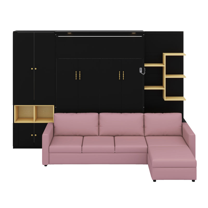 Lit escamotable mural peu encombrant avec grand canapé, tablettes de rangement et armoires, Black & Pink Sofa