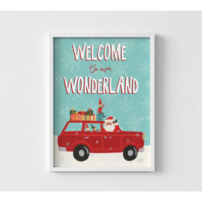 Affiche rétro de Noël, pays des merveilles d'hiver, père Noël, elfe, voiture rouge, flocon de neige, art mural, Noël, nostalgie, fête, décoration