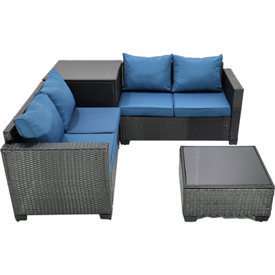 4-piece Wicker Patio Sofa, Outdoor Rattan Patio Furniture Set With Storage, Coffee Table, And Blue Cushions - All-weather Wicker Sectional Couch Sofa -  Latitude RunÂ®, DE63C129D6F24B8C8312E74DC7A6F96D