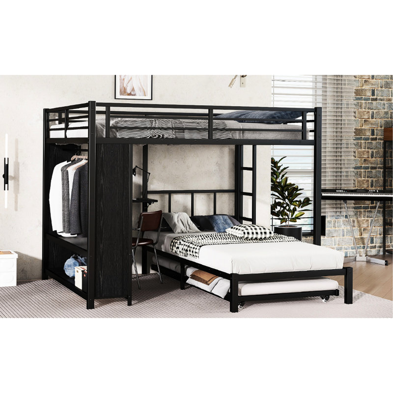 Grand lit superposé simple avec lit gigogne, bureau pliable, garde-robe encastré, garde-robe stable, sécuritaire et en métal noir rouillé, garde-corps pleine longueur faciles à installer pour un dortoir