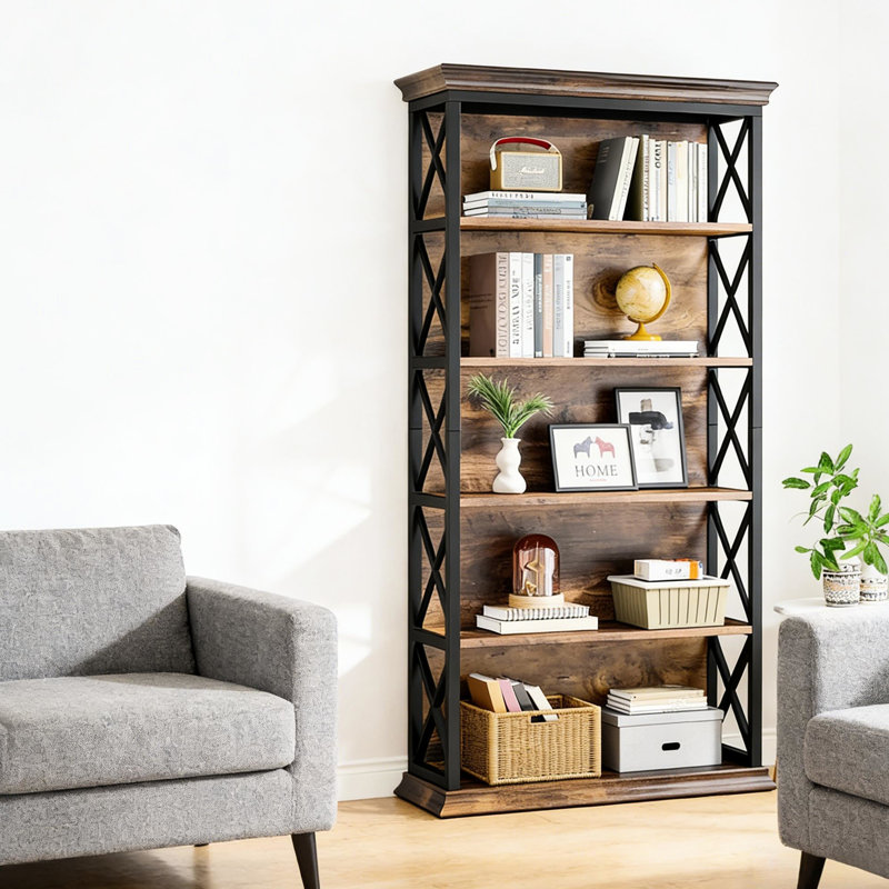 Bibliothèque de style moderne à 6 niveaux, métal et bois, motif en X, amplement d'espace pour les décorations, fabrication en bois spacieuse de 11,92 pouces de largeur, chaque tablette peut supporter 50 livres, hauteur de 69,39 pouces