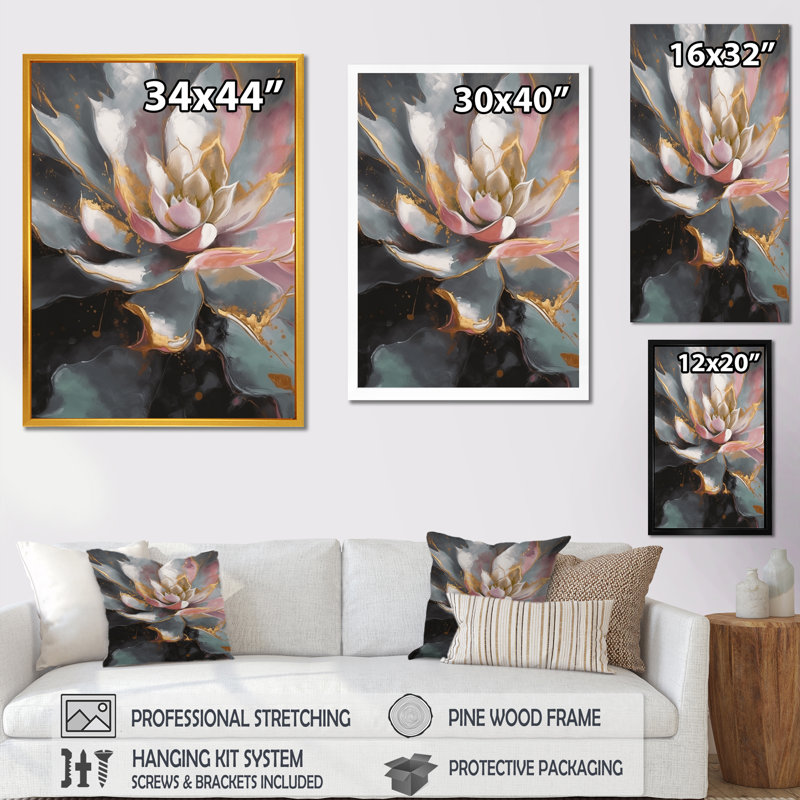 Sérénade grise des plantes grasses - Décoration murale plantes grasses, L 24 po x H 32 po, Cadre flottant doré