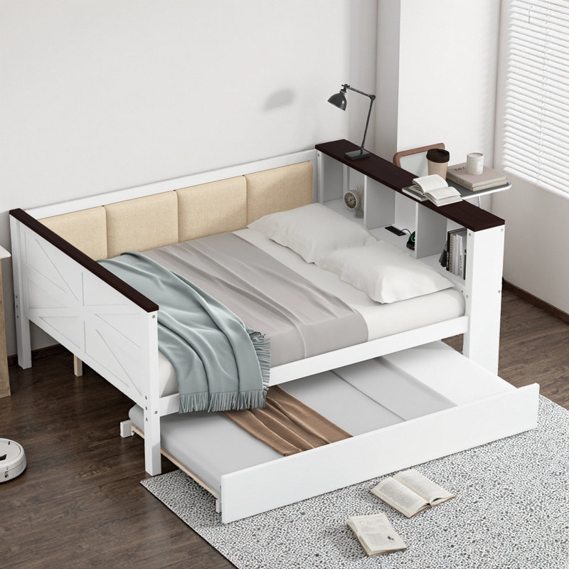 White Full Size Daybed with Storage Shelves, USB Charging Station, Upholstered Backrest & Trundle Bed, Full