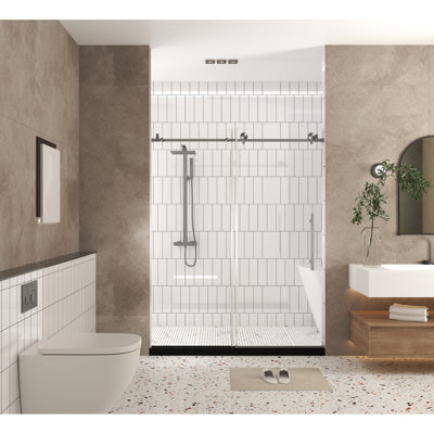Shower Door 56 - 60" W 76" H 1/4"  6 Mm  Clear Tempered Glass Proof Film Stainless Steel Handle Brushed Nickel With Excellent Transmittance Large Wheels And Round Tracks For Effortless Quiet Movement