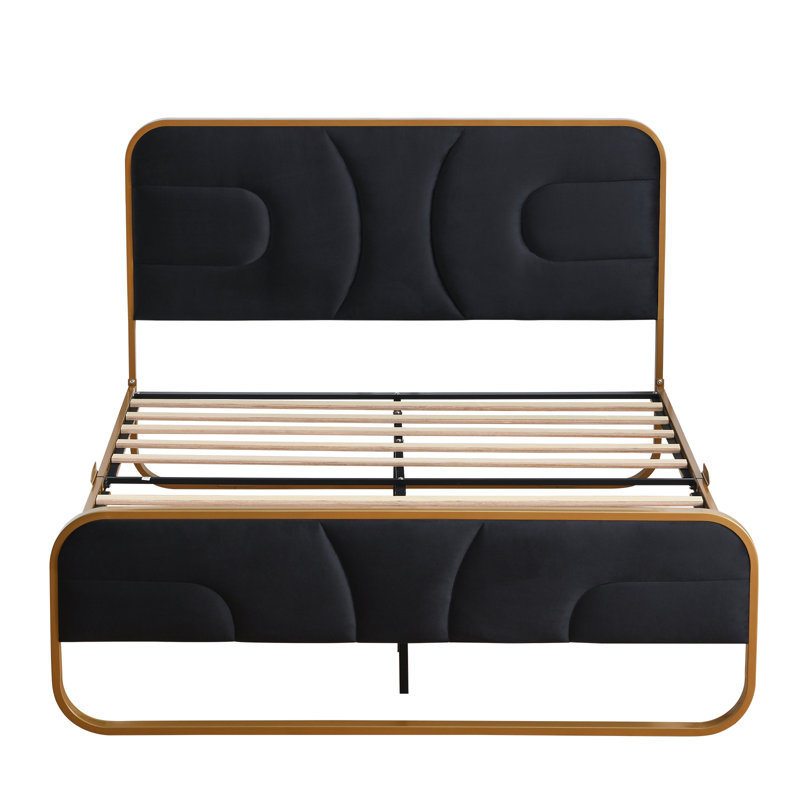 Lit plateforme tapissier Nelsie avec tête de lit capitonnée en velours, Double, Noir