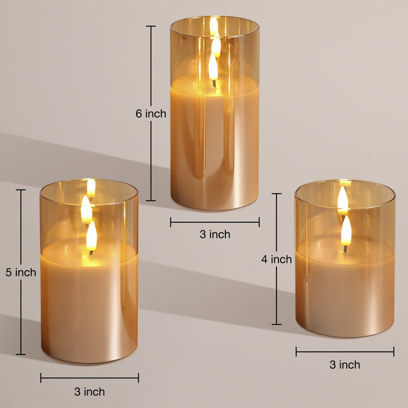 Unscented Flameless Pillar Candle with Glass Holder, Gold