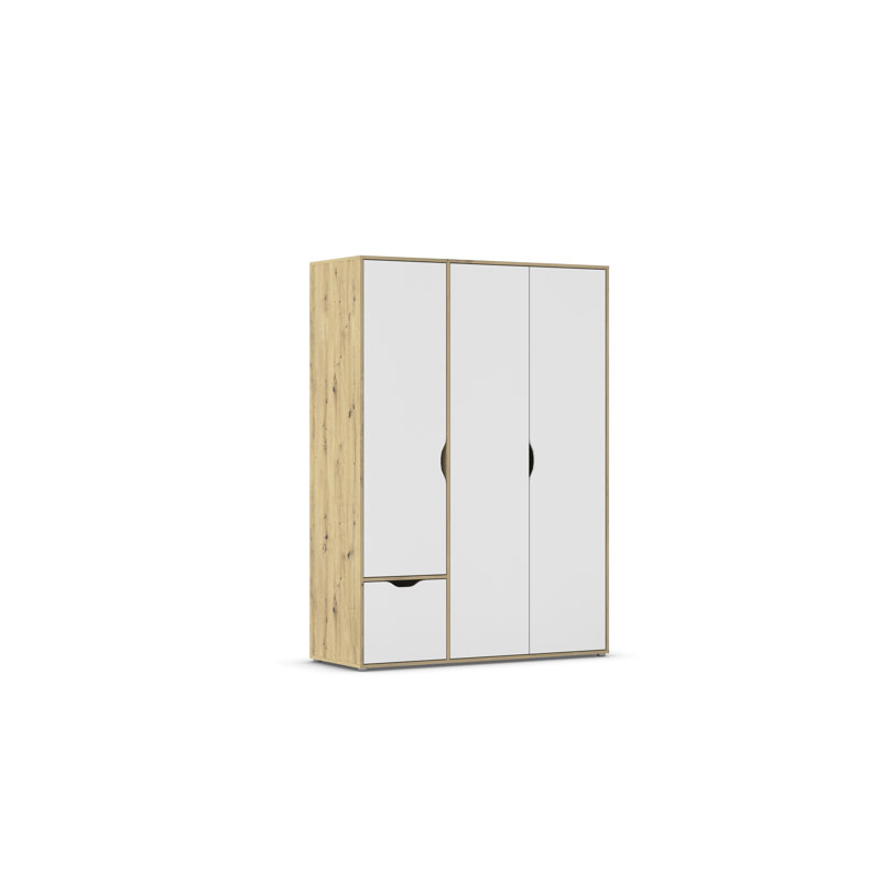 The Narai wardrobe has a handle -less look, Alpine White/Artisan Oak, 194cm H x 140cm W x 53cm D