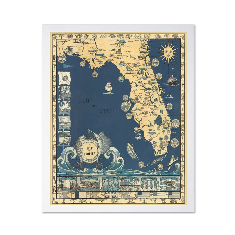Carte illustrée de la Floride, Affiche, H 12 po x l 16 po, Encadrement blanc