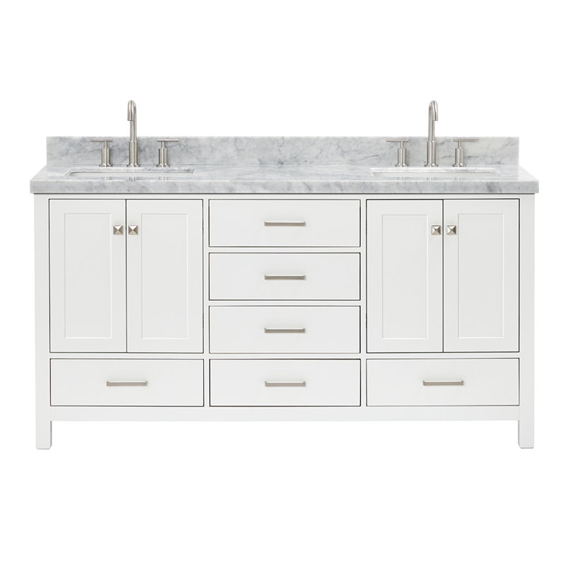 Cambridge 67'' Double Bathroom Vanity with Carrara Marble Top, White / Brushed Nickel