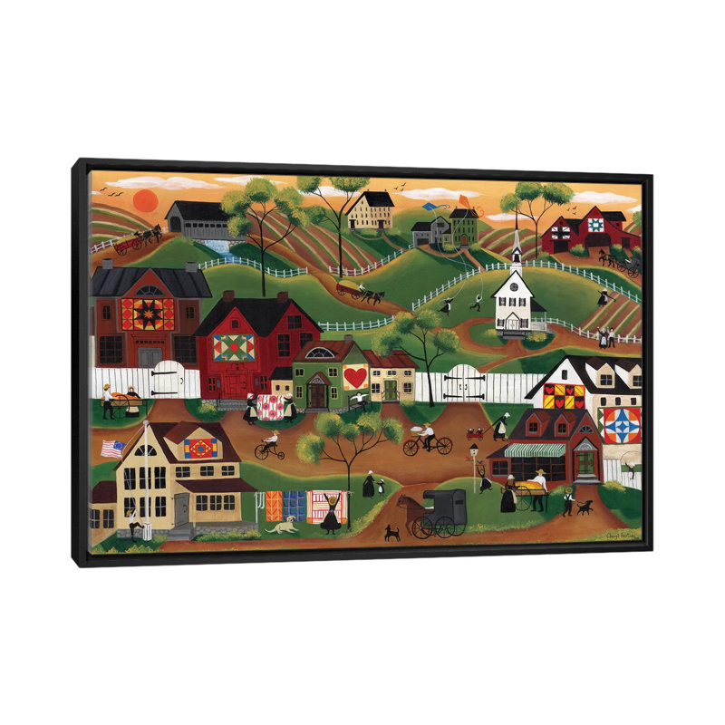 Reproduction d’art graphique, "Amish quilt village" par Cheryl Bartolo, H 40 po x l 60 po x P 1,5 po, Toile avec cadre noir