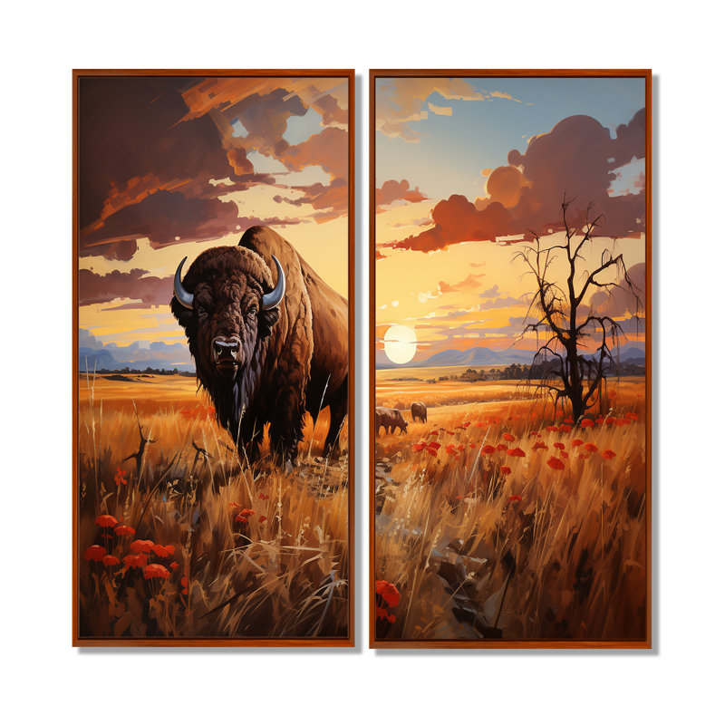 Art amérindien Bison Prairies I - décoration murale brune, H 20 po x l 24 po, Brun, Impression encadrée flottante