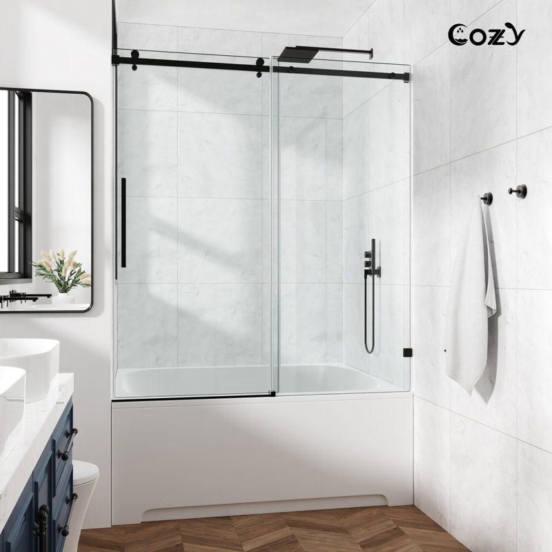 50-55" W X 60" H Frameless Single Sliding Shower Tub Door with 3/8" (10mm) Clear Tempered Glass, Shatter-Resistant Film & Installation Hole Locator - Square Top Rail