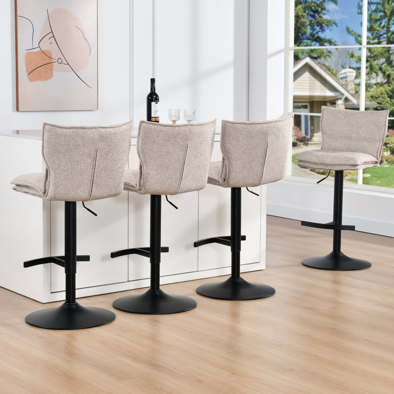 Modern Upholstered Adjustable Height Swivel Full Back Metal Base Bar Stool, 4, Beige