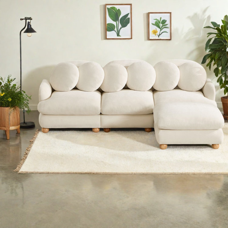 Canapé d'angle à compression, canapé moderne 4 places en chenille avec structure en bois pour la maison, Beige