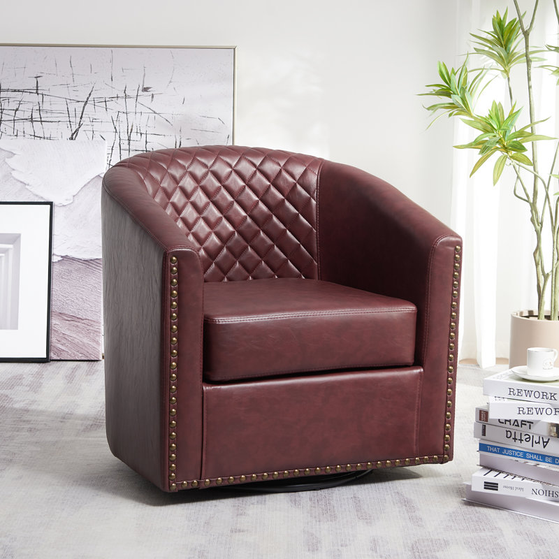 Oscar 29" Wide Tufted Faux Leather Barrel Small Swivel Chair, Red Faux Leather